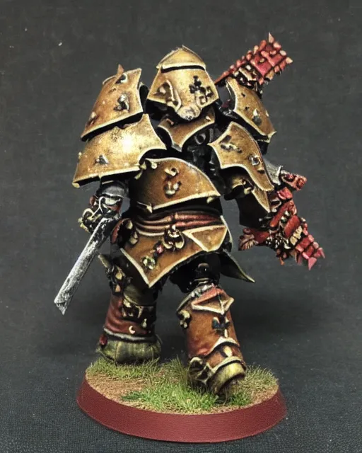 Image similar to an oil painting of heavily armoured warhammer chaos warrior