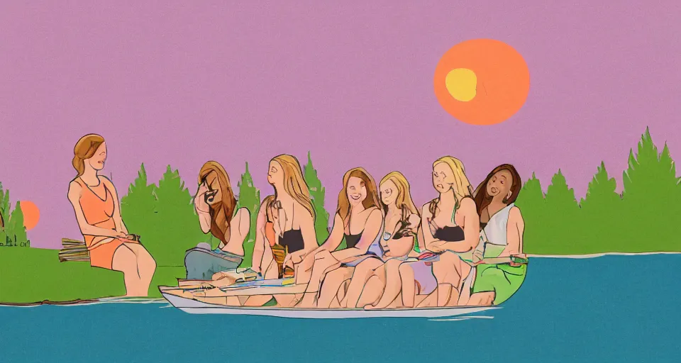 Image similar to simple illustration storyboard of girls weekend on a lake, mimosas