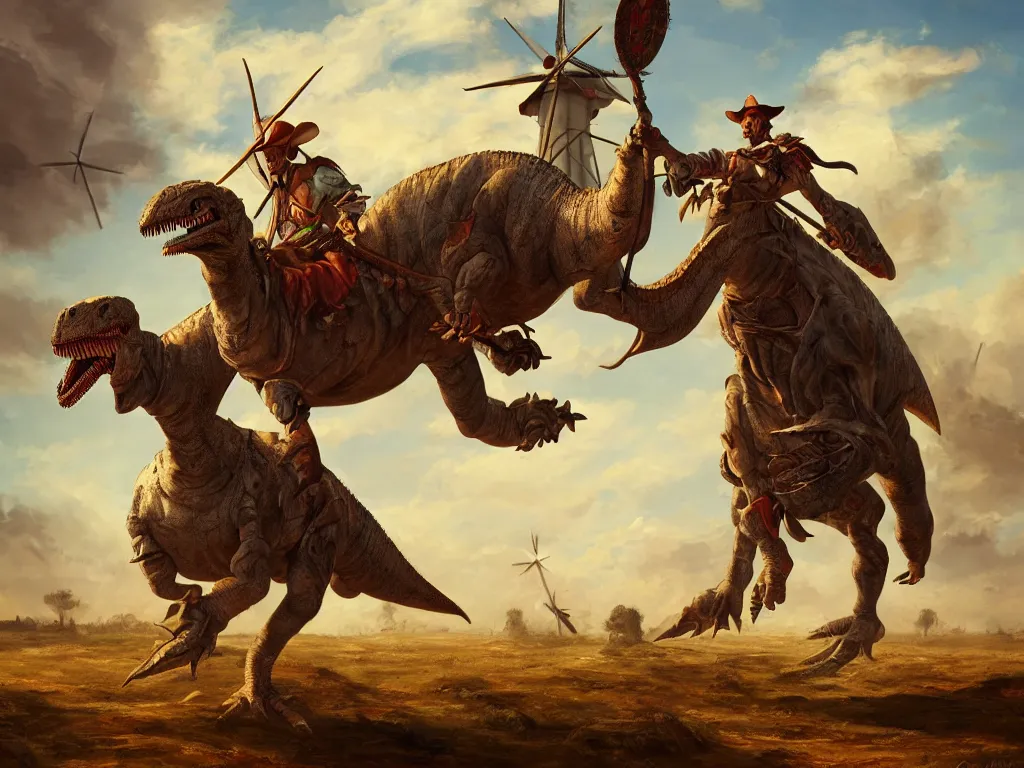 Image similar to portrait of a don quixote riding a dinosaur attacks a windmill, digital art, highly detailed, stunning scene, 4 k, realism, bright colors, trending on artstation