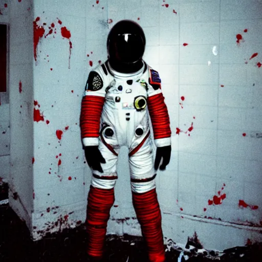 Image similar to lomo photo of reptilian in spacesuit staying in front of abandoned hospital, red splatters on the walls, dark, moody, foggy, gloomy