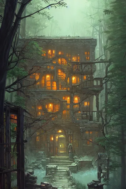 Prompt: (((((a ramshackle manhattan brick brownstone deep in the forest))))) by Andreas Rocha!!!!!!!!!!!!!!!!!!!!!!!!!!!