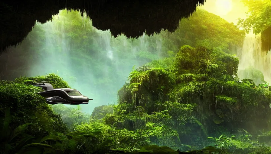 Image similar to a distant scifi flying car floating in a prehistoric jungle cave, lush flora, waterfall, sunset, hazy, volumetric lighting, rtx on, photorealistic render, great composition, very detailed