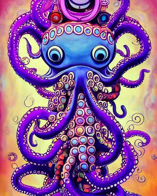 Prompt: Octopus goddess, a painting of a weird creature with a weird hat, a surrealist painting by Yoko d'Holbachie, by Takashi Murakami, by Taro Okamoto, trending on deviantart, pop surrealism, lowbrow, lovecraftian, whimsical