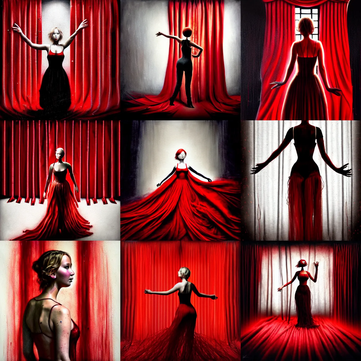 Prompt: dancing strings puppet (as Jennifer Lawrence) surrounded by red curtains, by Brooke Shaden, close-up shot from behind, big black strings attached to each wrist from above, white neck visible, intricate, dystopian, sci-fi, extremely detailed, digital painting, artstation, concept art, smooth, sharp focus, illustration, intimidating lighting, incredible art, details visible, very dark ambiance