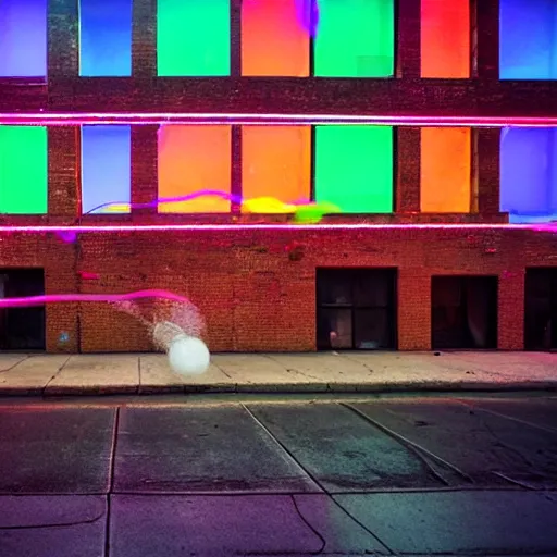 Image similar to a sidewalk covered in soap in front of a soap factory with a lit neon sign saying'soap factory ', bubbles float through the air