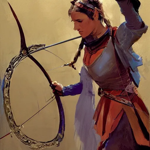 Image similar to portrait of woman wearing medieval clothing aiming a bow and arrow, detailed by greg manchess, craig mullins, bernie fuchs, walter everett