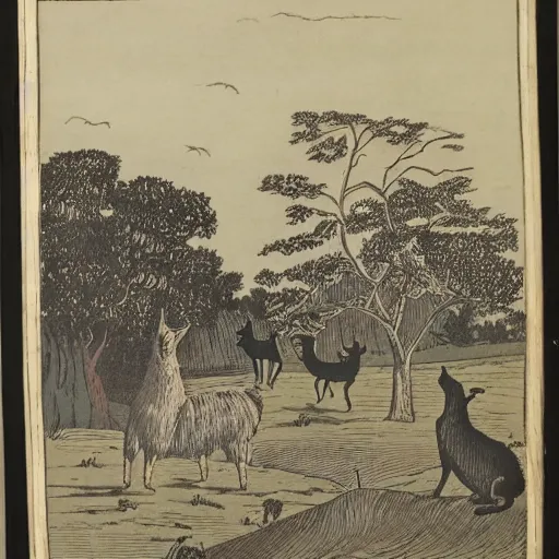 Image similar to 19th century woodcut, two black cats, llama, watching farmers in the distance, in the Andes