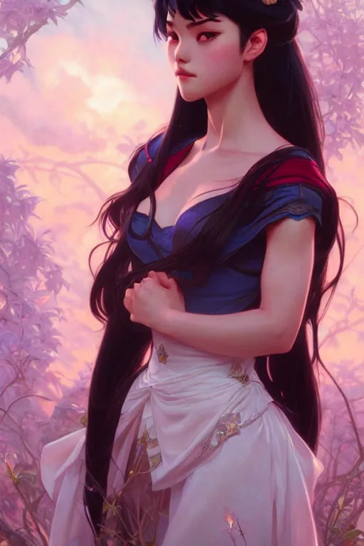 Prompt: Rei Hino as a princess, fantasy, intricate, elegant, highly detailed, digital painting, artstation, concept art, matte, sharp focus, illustration, art by Artgerm and Greg Rutkowski and Alphonse Mucha