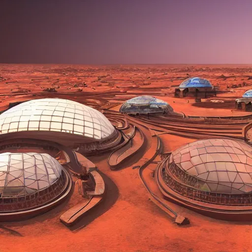 Prompt: a photo of the first martian city surrounded by arid martian landscape, futuristic domes with glass walkways running in between, digital painting, ultra - realistic, 8 k