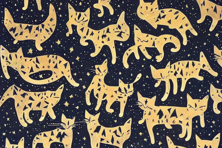 Prompt: night starry sky full of cats by mimmo rotella