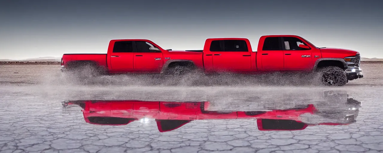 Image similar to dodge ram red power wagon speeding on wet salt flats at night, reflections, long exposure, milky way, Sayem Reza, poster