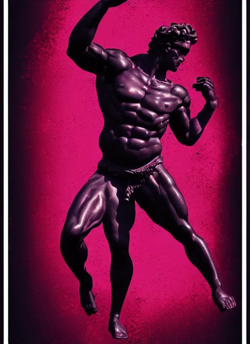 Image similar to black background with subtle red and purple design elements, statue of hercules, nekro, graphic design, collage art, thin lines, dark, glitch art, neo vaporwave, gritty, layout frame, square, trending on artstation