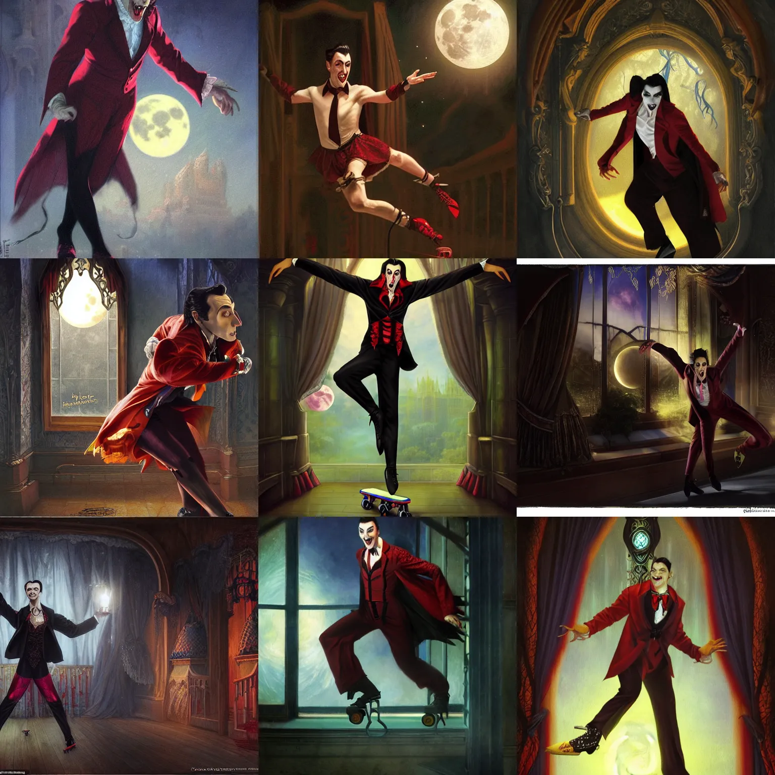 Prompt: attractive male dracula the vampire roller skating in a roller rink as a full moon shines through a window. highly detailed, full body shot, intricate, hyper - realism, fantasy art style, very very very very detailed face, volumetric lighting, by gaston bussiere, craig mullins, j. c. leyendecker 8 k