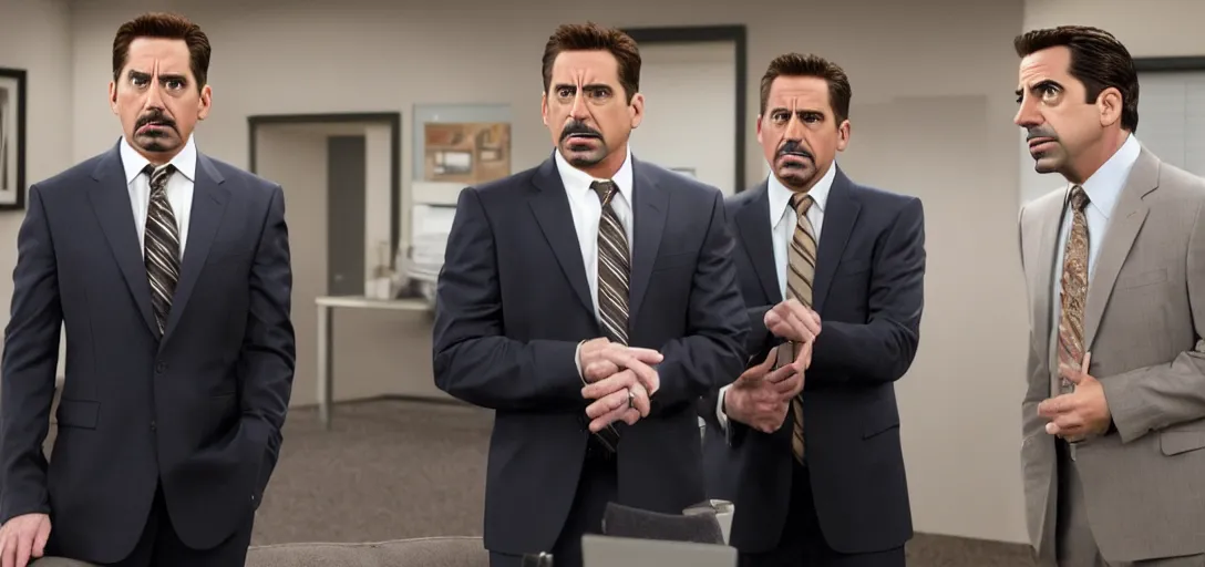 Prompt: a very high resolution image of tony stark with micheal scott. from an episode of the office. photorealistic, photography