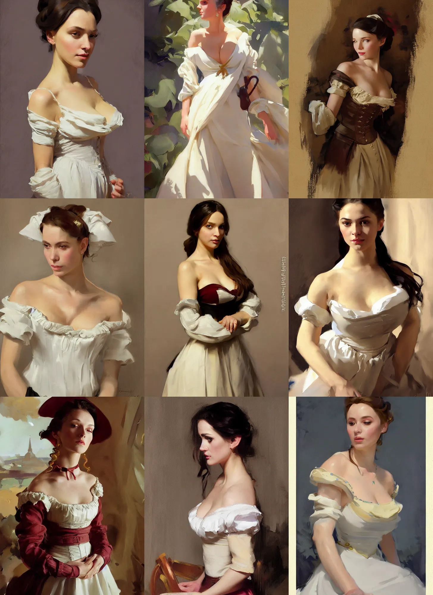 Prompt: portrait of a beautiful ukrainian russian attractive glamour model wearing 1 7 th century french off - the - shoulder neckline bodice with low neckline, jodhpurs greg manchess painting by sargent and leyendecker, studio ghibli fantasy medium shot asymmetrical intricate elegant matte painting illustration hearthstone, by greg rutkowski by greg tocchini by james gilleard