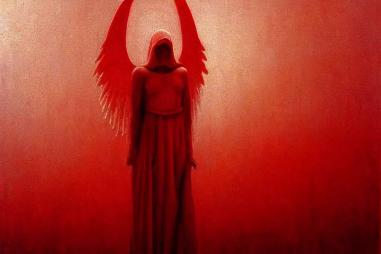 Image similar to only with red, a red angel announce the win, at the gates of a rich renaissance city, pathos, in the style of beksinski, part by hopper, part by rodcenko, part by hofbauer, intricate composition, red by caravaggio, insanely quality, highly detailed, masterpiece, red light, artstation