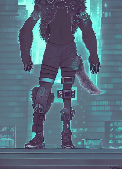 Image similar to character portrait of a male muscular anthro wolf fursona with a tail and a cute beautiful attractive detailed furry face wearing stylish cyberpunk clothes in a cyberpunk city at night while it rains. color page, tankoban, 4K, tone mapping. Nomax, Kenket, Rukis.