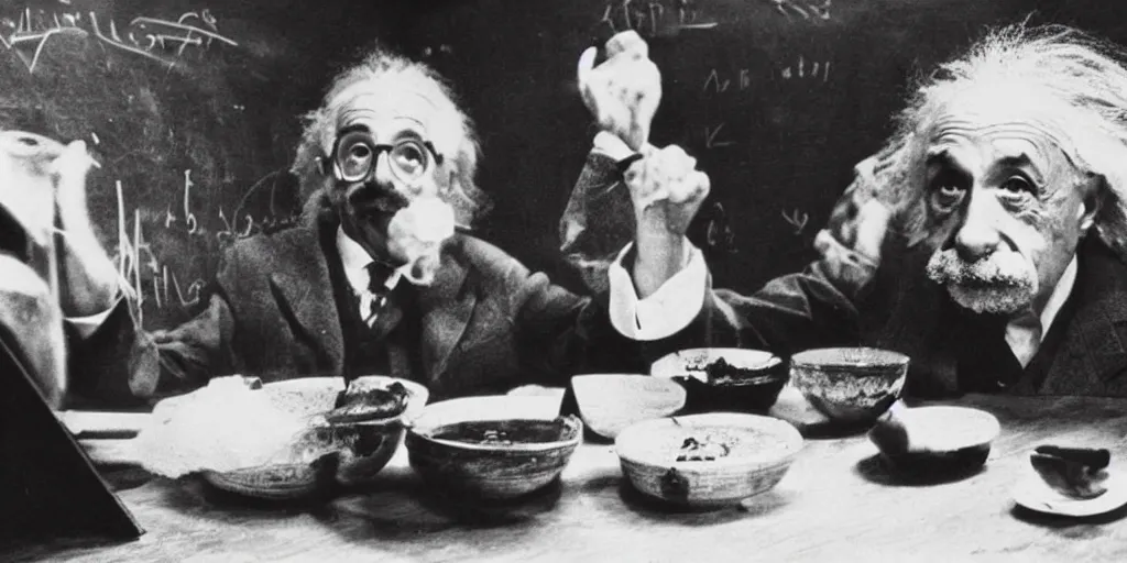 Image similar to old black and white photo of a cat solving M=mc2 on the blackboard in the background, with Albert Einstein eating a bowl of noodles in the Foreground, funny, ironic, silly