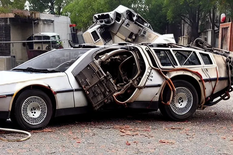 Prompt: rusty, derelict 2 0 2 2 delorean time machine being dragged by a tow truck