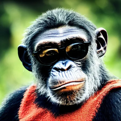 Prompt: high quality 8 k landscape movie still of a smiling and arrogantly wise looking chimpanzee wearing cool dark sunglasses, highly detailed, cinematic composition, cinematic lighting, 1 9 8 0 s retro hippie vintage hipster art