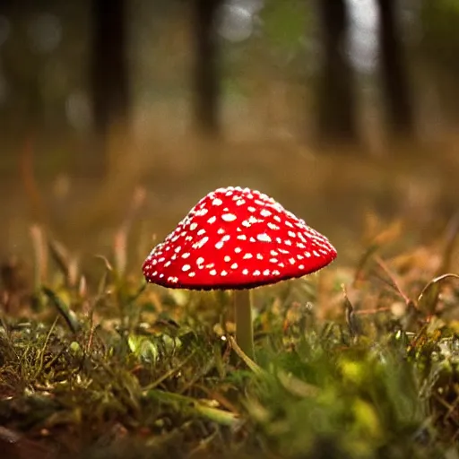 Prompt: realistic photo of amanita muscaria in rays of light, dew, grass, forest, medium depth of field