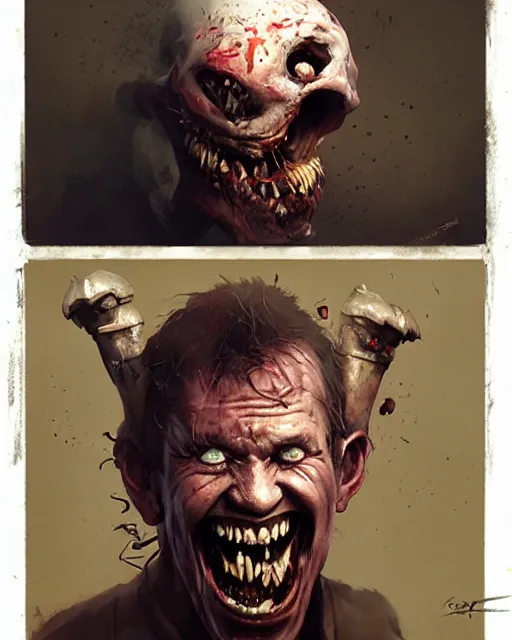 Image similar to hyper realistic photo portrait laughing crazy zombie cinematic, greg rutkowski, james gurney, mignola, craig mullins, brom