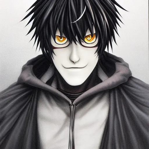 Prompt: Grim Reaper portrait drawn Yusuke Murata and Takeshi Obata, inspired by Death Note 2003 manga,intricate detail, photorealistic style, intricate detailed oil painting, detailed illustration, oil painting, painterly feeling, sharp high detail