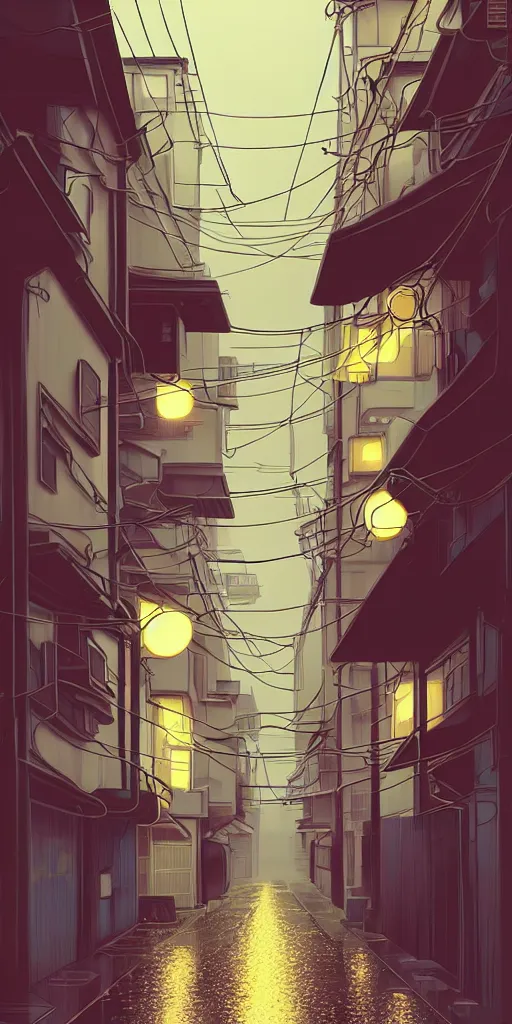 Image similar to tokyo alleyway, rainy day, lights, ( ( ( cables ) ) ) by cory loftis, makoto shinkai, hasui kawase, james gilleard, beautiful, serene, peaceful, lonely, golden curve composition