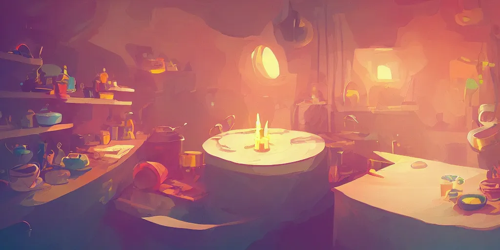 Prompt: epic illustration fisheye lens of a kitchen dim lit by 1 candle in a scenic environment by Anton Fadeev