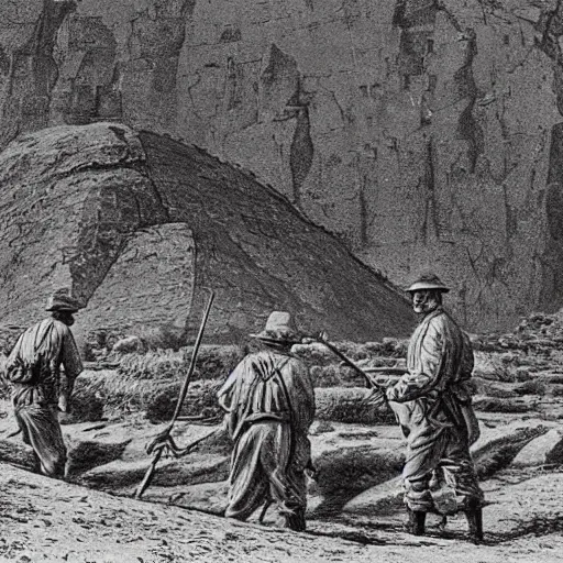 Image similar to ultra detailed photorealistic sepia - toned line drawing from 1 9 1 7, three british soldiers standing at an archaeological dig site in wadi rum, ultra realistic, painted, intricate details, lovecraft, atmospheric, dark, horror, brooding, highly detailed, by clyde caldwell