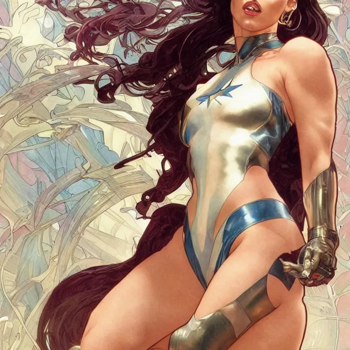 Image similar to megan fox as power girl by artgerm, greg rutkowski, alphonse mucha