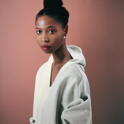 Image similar to realistic photoshoot for a new offwhite lookbook, color film photography, portrait of a beautiful woman in style of tyler Mitchell, 35mm, graflex