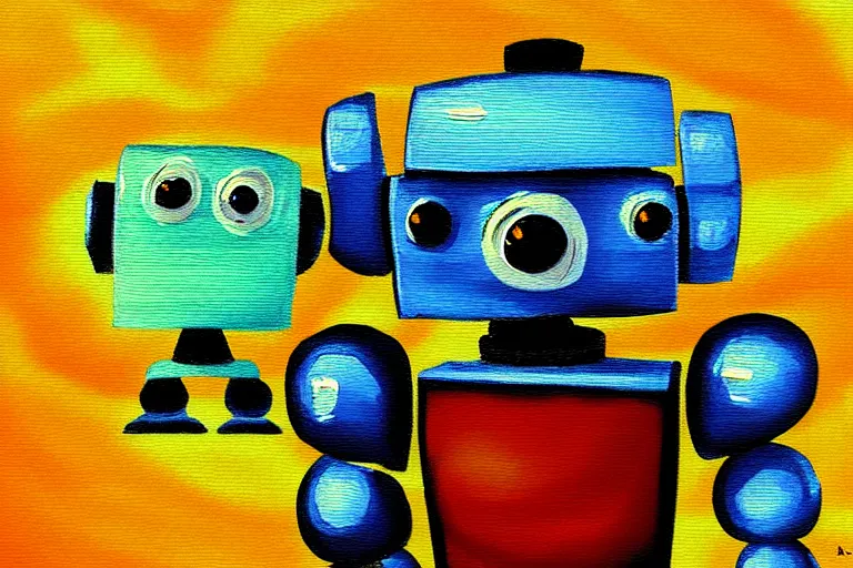 Prompt: a cute little robots painting by rolando, cyril
