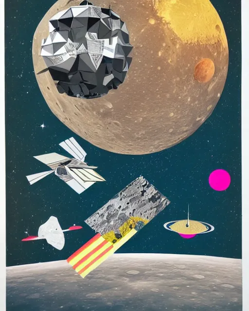 Prompt: A mid-century modern collage, made of random shapes cut from fashion and science magazines and text books, of Space Travel, landing on the moon.