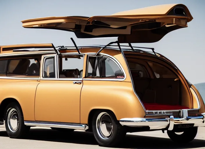 Prompt: photo still of a station wagon with open!!! gullwing doors!!! gullwing doors gullwing doors!!!, 8 k, 5 2 mm f 1 2
