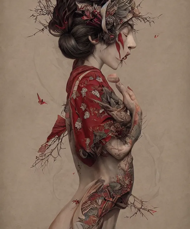 Prompt: ultra realistic illustration, beautiful woman dressed in a crimson kimono, backview, tattoos, in the style of peter mohrbacher by weta digital and beth cavener, high face symmetry, intricate, masterpiece, award winning, high face symmetry, intricate