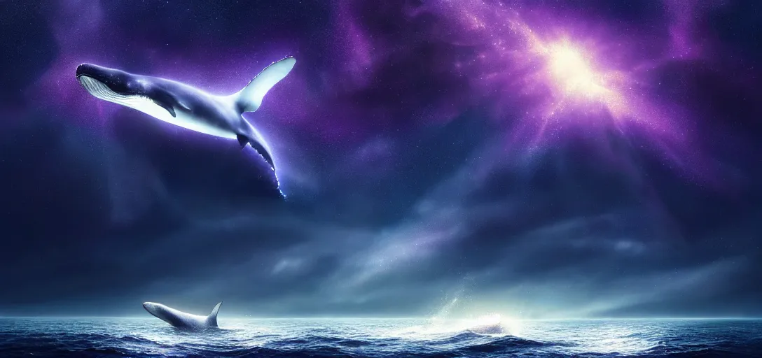 Prompt: a wide angle shot of a lonely whale flying in the sky, sea underneath, cosmic starry sky, concept art, trending on artstation, purple theme by andreas achenbach, artgerm, mikko lagerstedt, zack snyder, tokujin yoshioka