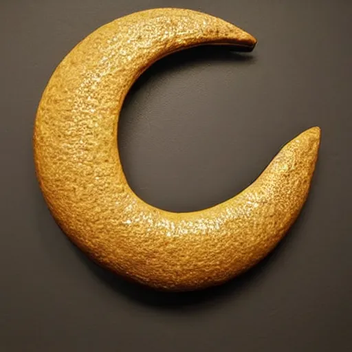 Image similar to anthropomorphic crescent moon sculpture, crescent moon face, ceramic, photograph, fine art, glazed ceramic, kitsch,