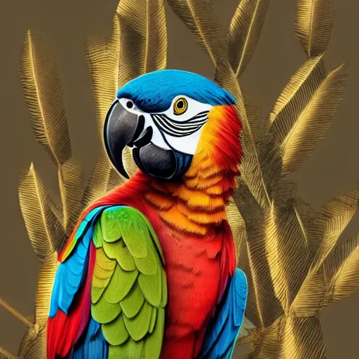 Image similar to parrots dressed in rapper clothes, sitting on golden trees, rap scene, trending on artstation, highly detailed, digital art, 8 k