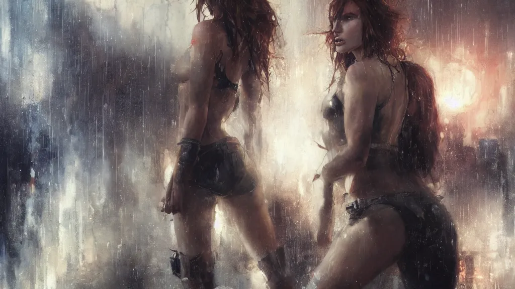 Image similar to bella thorne and megan fox, hyperrealistic full figure, bladerunner street, art of elysium by jeremy mann and frank frazetta, fantasy art, photo realistic, dynamic lighting, artstation, full figure poster, volumetric lighting, very detailed face, 4 k, award winning