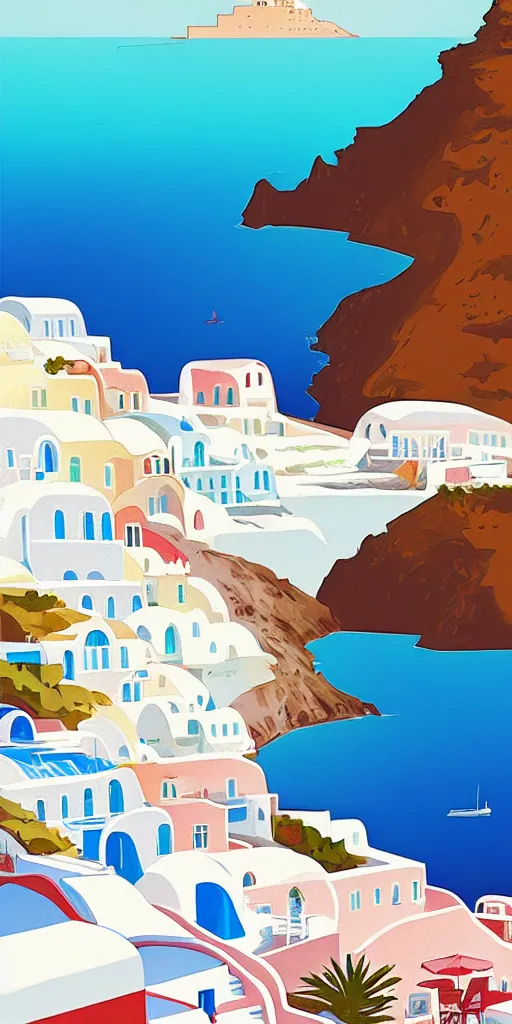 Image similar to a travel poster illustration depicting a house in santorini with an ocean view, vintage style, white architecture, digital painting, vector art, trending on artstration, by anton fadeev, by alena aenami