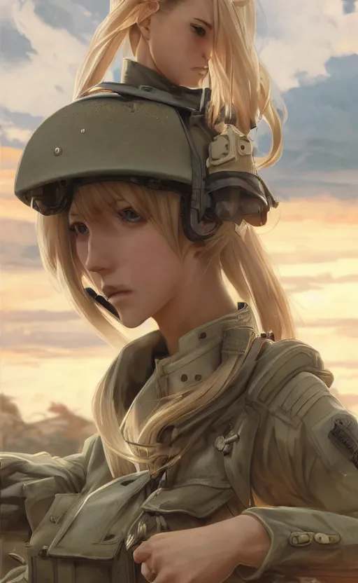 Prompt: panoramic view, a blonde girl, soldier clothing, battlefield in background, anime style, hair down, symmetrical facial features, realistic hands, from arknights, hyper realistic, 4 k, extreme detail, d & d, trending artstation, safebooru, realistic lighting, by alphonse mucha, greg rutkowski, sharp focus