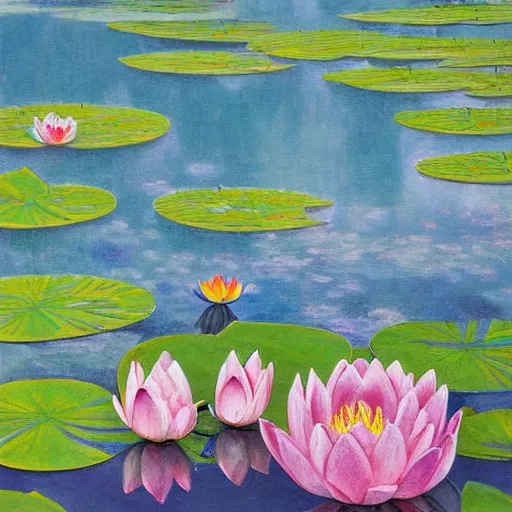 Image similar to A peaceful painting that shows a pond with water lilies floating on the surface. The colors are soft and calming, and the overall effect is one of serenity and relaxation. comatesque inlay by Chantal Joffe, by Jacek Yerka, by Ross Tran
