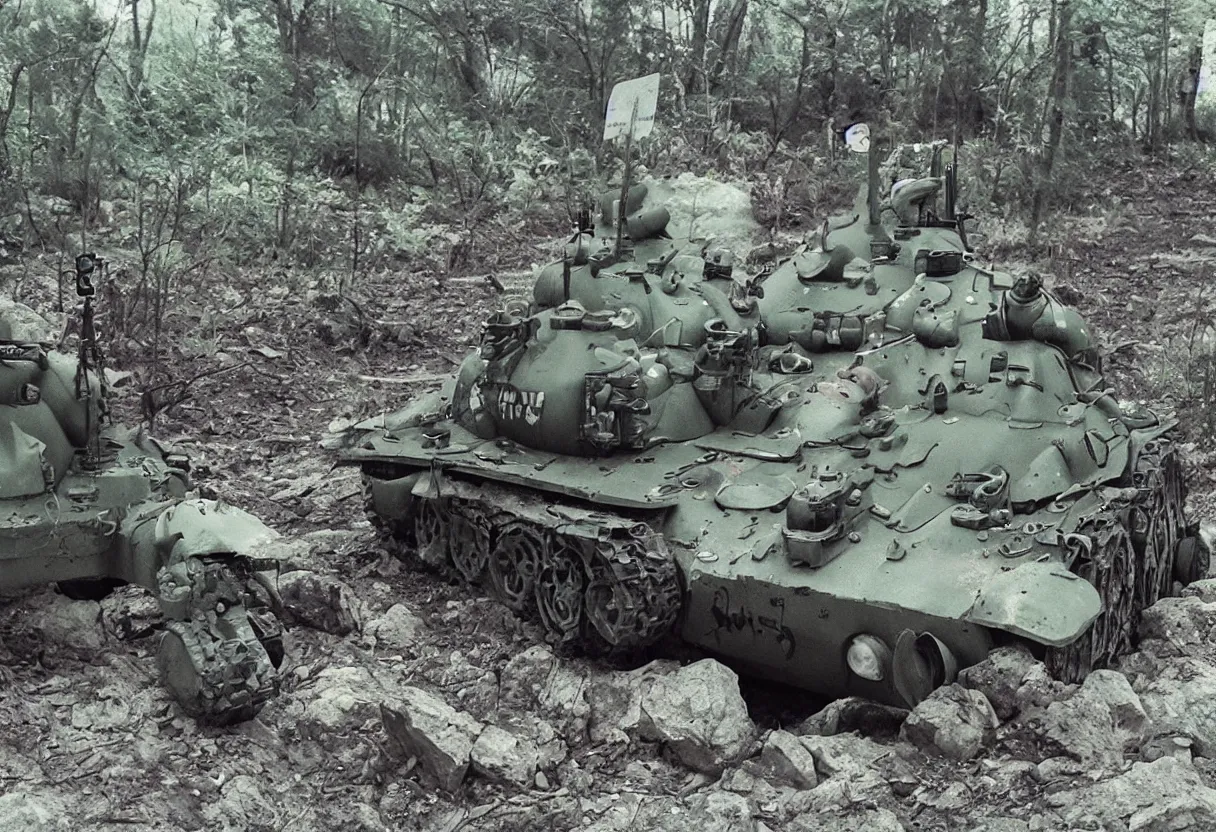 Image similar to totoro tank, post apocalyptic style. fox holes. rich color, shot on film, wide angle, storming