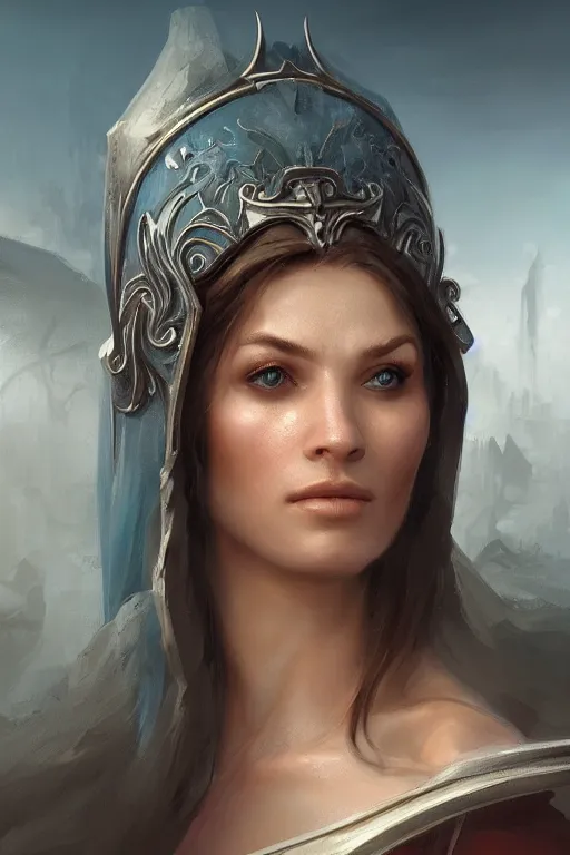 Image similar to princess of eternal beauty and grace, face portrait, raphael lacoste, eddie mendoza, alex ross, concept art, matte painting, highly detailed, rule of thirds, dynamic lighting, cinematic, detailed, denoised, centerd