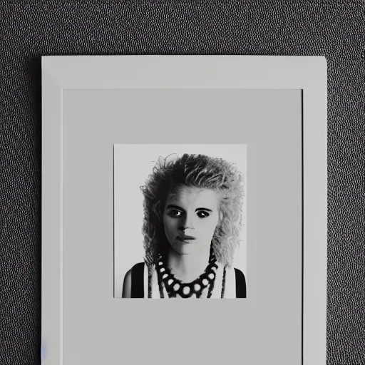 Image similar to symmetrical human portrait of lisa simpson with blonde curly hair, grainy high contrast black and white photography photo print ilford warm tone, she is wearing a delicate pearl necklace