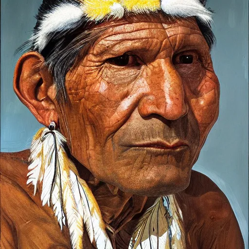 Prompt: high quality high detail painting by lucian freud, hd, portrait of a indigenous tribe leader with feathers, photorealistic lighting