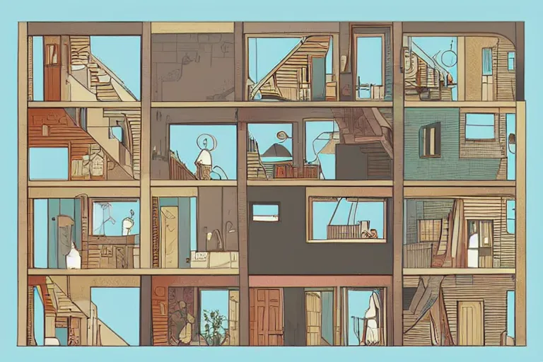 Image similar to a beautiful flat 2 dimensional illustration of a cross section of a house, a storybook illustration by muti and tim biskup, minimalism, featured on dribble, unique architecture, behance hd, storybook illustration, dynamic composition