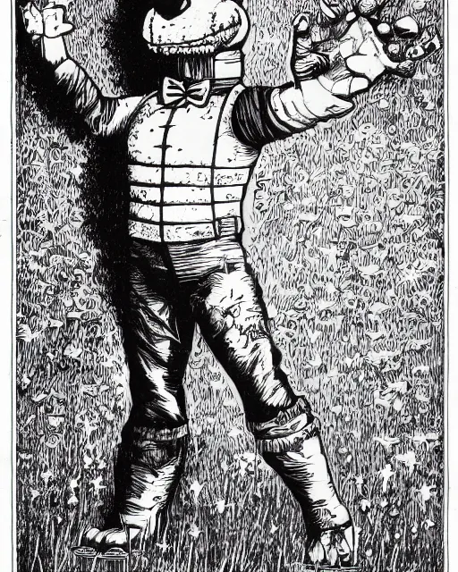 Prompt: an illustration of a freddy fazbear, full body, pen-and-ink illustration, etching, by Russ Nicholson, DAvid A Trampier, larry elmore, 1981, HQ scan, intricate details, Monster Manula, Fiend Folio