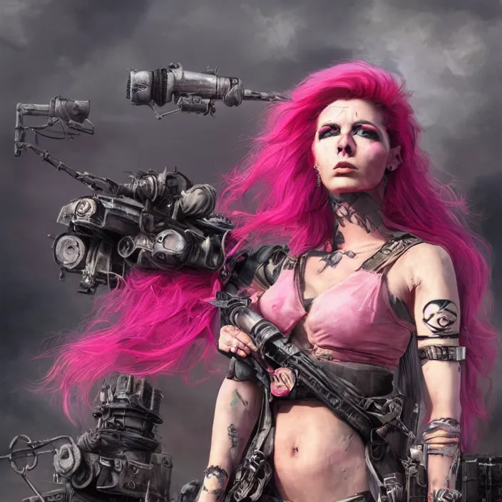 Prompt: beautiful apocalyptic woman with pink Mohawk, standing on mad max panzer tank, 4k ultra hd, fantasy dark art, tank girl, artgerm, artstation, octane render, elegant, detailed digital painting